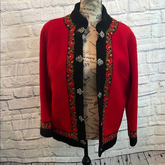Vintage Boiled Wool Jacket Red with Embroidered Trim Metal Fasteners - Picture 1 of 10